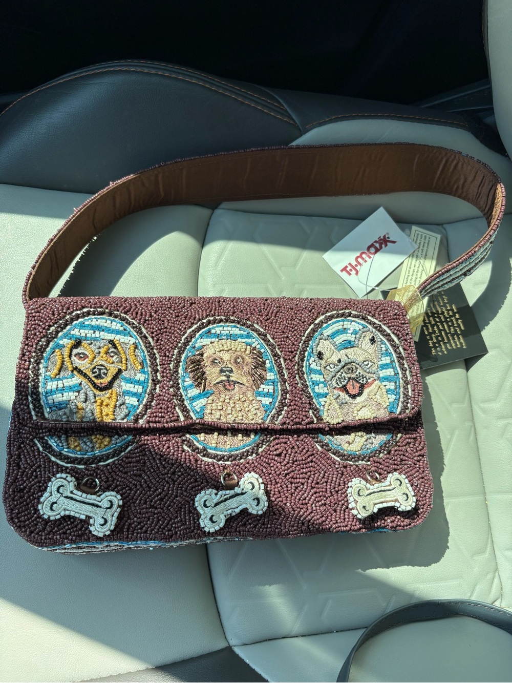 T.J.Maxx Brown Beaded Dog Portrait Shoulder Bag with little movable bones